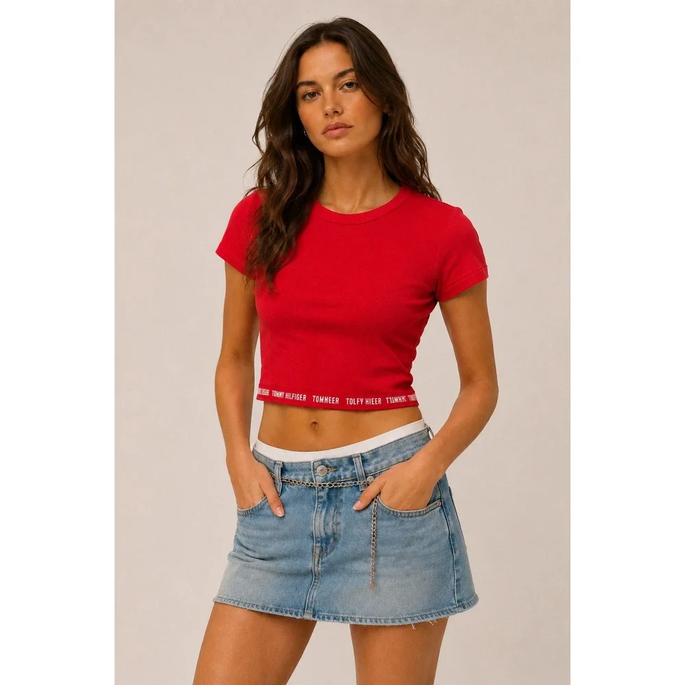 Tommy Hilfiger Womens Vintage Ribbed Baby Tee Small Red Sport Logo Crop Top